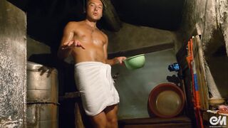 Hairy guy in sauna talks dirty about his steamy bathhouse adventures and gets down and dirty in the shower