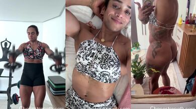 Athletic bodybuilder mistress flexes alone for you