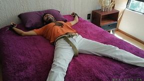 Young Latino Hermes Found Himself Tied Up In X-Position In His College Room Bed - He Also Got A Blue Ballgag In His Mouth So We Wouldn't Have To Hear His Annoying Begging - Now He's Ready For The Ticklish Surprise From His Room Mate Luis - Do You Think He