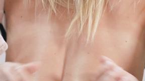 ”Gorgeous blonde masturbates with a dildo gift from her fan”