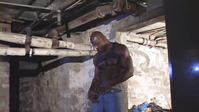 The big ebony dude jerks off in his secret haven at home the basement