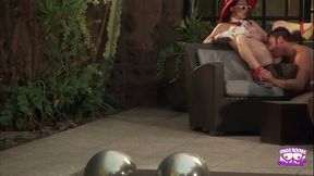 A super good looking brunette sitting by the pool and getting her cunt penetrated