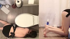 Barefoot Bathroom Cleaning in Apron Braid Gloves n Panties