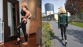 Katya wearing her totally latex outfit, oiling latex and walking outdoors