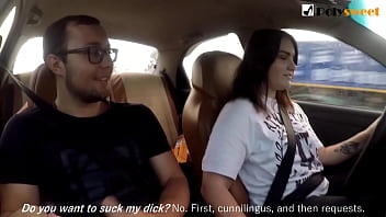 Girl jerks off a guy and masturbates herself while driving in public (talk)