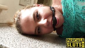 Hot fuck with tied up woman having gag ball in mouth