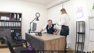 LOAN4K. Blonde Maya with big tits is fucking a bank worker on the office chair while his colleague is watching