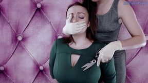 hand over mouth, scissors on dress