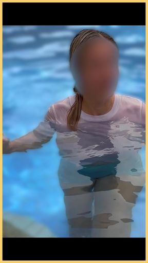 Wifey wet shirt in the pool with perfect braless tits