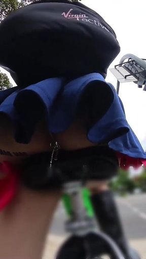 Exhibitionist Walking and Riding with Butt Plug, Red Garters and Dildo