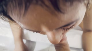 Golden shower and blowjob. This babe loves when people piss on her