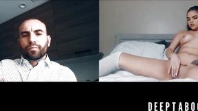 Sensual Athena Faris shows off pussy&#x270C; as bare-headed guy watches