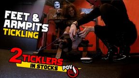 Cruel Feet & Armpits Tickling POV: Ticklish Bambi | Tied and Tickled in Stocks by 2 Ticklers