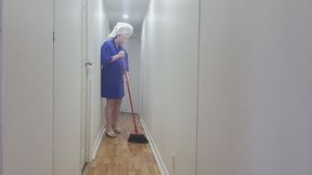 Sweeping the House in Blue Robe with Hair up in Towel and High Heels