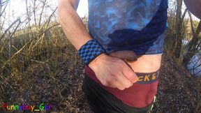 Outdoor Deluxe: Hiking and Jerking off on a Dirt Road and by the Lake with a Cumshot on a Tree Trunk