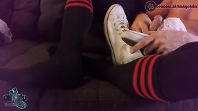 Kinkychrisx puts on leggings, sniffs sneakers and goes up on his socks