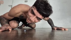 Giant Jock boy Shrunken his friend for Foot domination Spit punishment and Pee humiliation in flip flops and long toenails