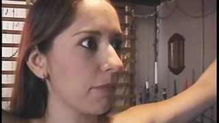 Mature dom has no mercy for the small tits of her shy slave