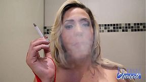 Blonde Shemale Sucks and Smokes in Stockings