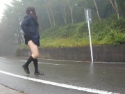Transgender honoka peeing openly in the center of the road.