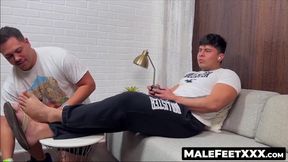 MaleFeetXXX.com - Bulky Caleb lets horny Dan Edwards suck his perfect size twelve fee