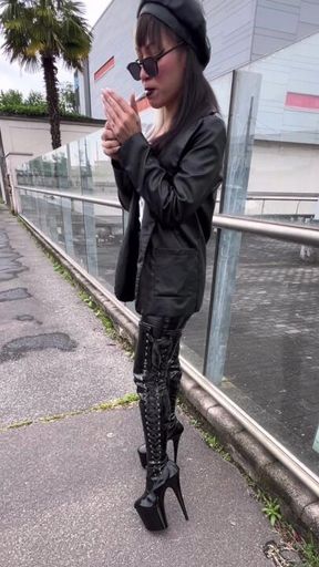 Smoking fetish walk with pvc pleaser boots and leather