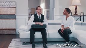 Handsome tall businessman anally fucks young hunky black gay