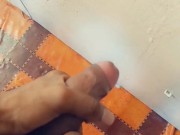 Hung twink shooting cum on bedroom wall