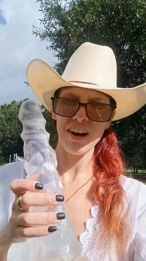 Cowgirl Sucks & Fucks Huge Dildo on Coop and Tree Stump In Pasture
