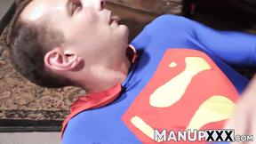 ”Horny man in costume gets dominated by a tall guy”