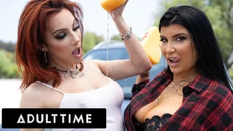 Romi Rain and tgirl Ariel Demure share passionate carwash sex