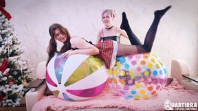 Q1016 Riding and pumping two big beachballs to pop - 480p
