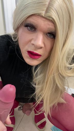 Horny sissy crossdressing trans almost cums on a cock and then talks to his milf stepmom about sucking cock