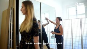 Cleaning woman's big bare feet and her bitchy boss