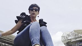 Milah tantalizing crossed legs fetish session in jeans and sexy red mule heels
