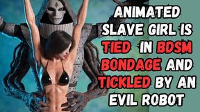 Tickling Dungeon slave girl in a bikini suspended by wrists in a dark dungeon as an evil robotic device tickles her belly and armpits as she struggles in BDSM bondage fetish