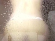 Tried banging my sissy ass into BBC dildo against the shower glass