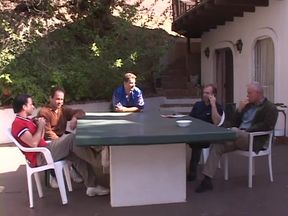 Horny black haired beauty sucks and fucks four men by the pool