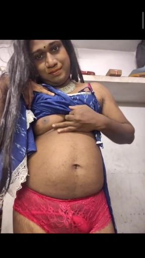 Desi shemale strocking her dick with pressing boobs