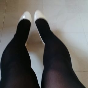 White Patent Pumps with Black Pantyhose Teaser 35