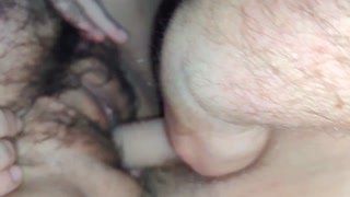 DP wet hairy pussy with dick and dildo