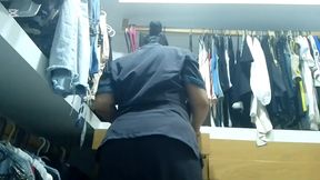 MILF maid masturbates her big ass in her boss&#039;s locker room while he works