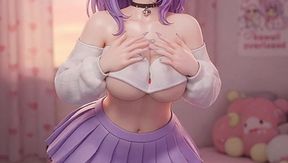 Thicc Purple Hair Anime Girl Twerking Big Ass in Garter Belt