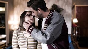 ”Nerdy petite teen interviews popular classmate & rides big cock”