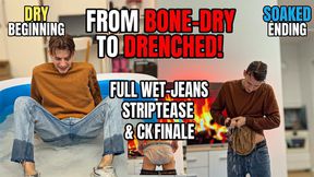 FROM BONE-DRY TO DRIPPING WET! Hot stud soaks heavy blue jeans, hoodie & sneakers in a pool. Experience intense macro soggy socks removal, wringing out heavy wet clothes, and stripping down to a soaked, clinging Calvin Klein bulge!