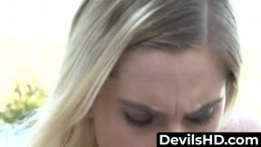 Hot blonde teen rides and fucks her black stepdad hard