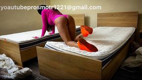Nastya checked into the hotel and immediately decided to test the beds' durability. She walks on them, jumps hard, crushes them with her high heels, also wears dirty sneakers and wipes them on the clean mattress, and also walks barefoot. The pillow