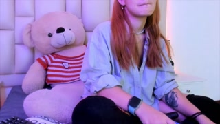 Sexy redhead college girl with hairy pussy masturbates while recording a video for her math teacher