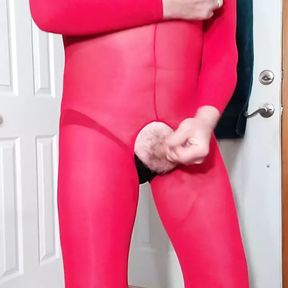 Gay Crossdresser masturbate and cum in red nylon bodystocking.