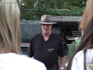 Hardcore old and young action with two teens screwing granddad